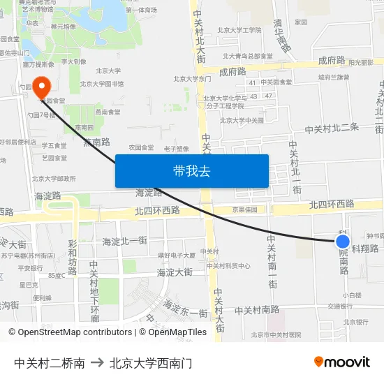 中关村二桥南 to 北京大学西南门 map