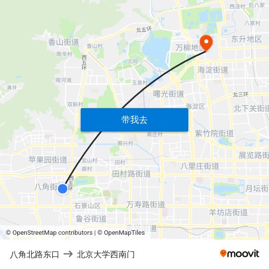 八角北路东口 to 北京大学西南门 map