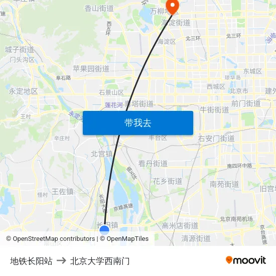 地铁长阳站 to 北京大学西南门 map