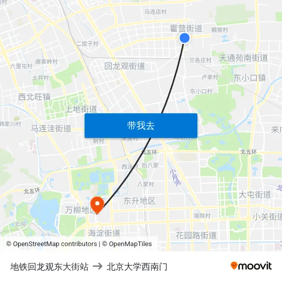 地铁回龙观东大街站 to 北京大学西南门 map