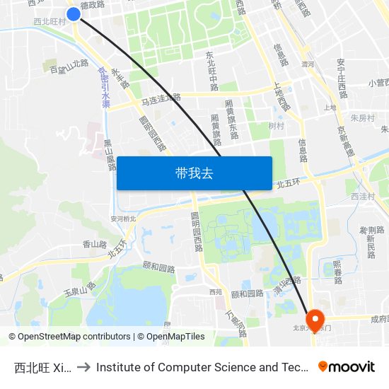 西北旺 Xibeiwang to Institute of Computer Science and Technology of Peking University map