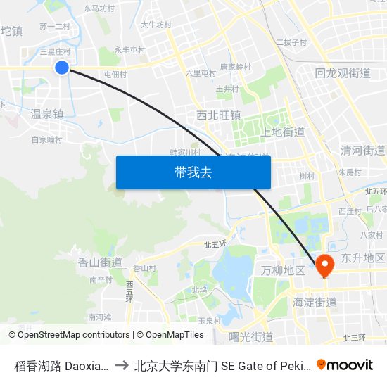 稻香湖路 Daoxianghu Lu to 北京大学东南门 SE Gate of Peking University map