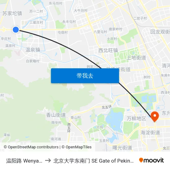 温阳路 Wenyang Lu to 北京大学东南门 SE Gate of Peking University map