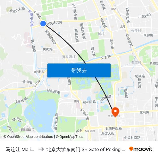 马连洼 Malianwa to 北京大学东南门 SE Gate of Peking University map