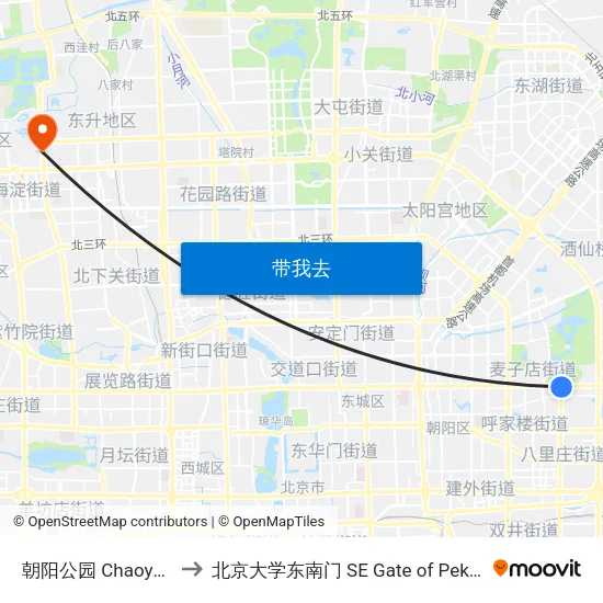 朝阳公园 Chaoyang Park to 北京大学东南门 SE Gate of Peking University map