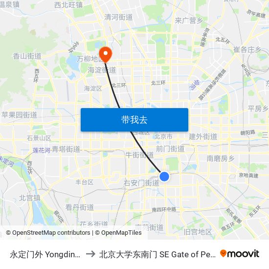 永定门外 Yongdingmen Wai to 北京大学东南门 SE Gate of Peking University map