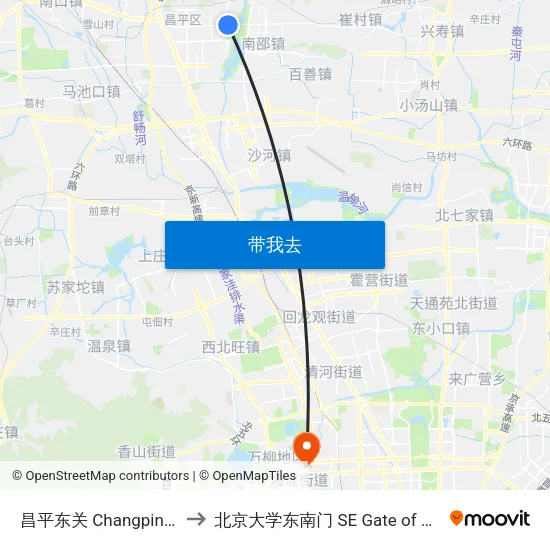 昌平东关 Changping Dongguan to 北京大学东南门 SE Gate of Peking University map