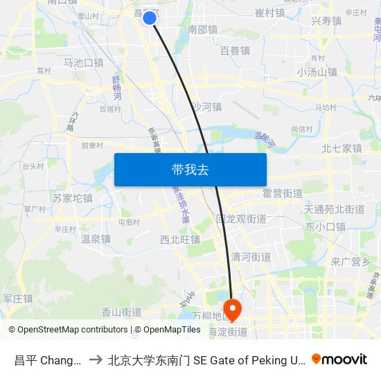 昌平 Changping to 北京大学东南门 SE Gate of Peking University map