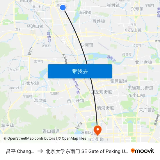 昌平 Changping to 北京大学东南门 SE Gate of Peking University map