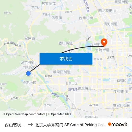西山艺境小区 to 北京大学东南门 SE Gate of Peking University map