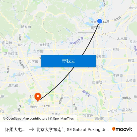 怀柔大屯村西 to 北京大学东南门 SE Gate of Peking University map