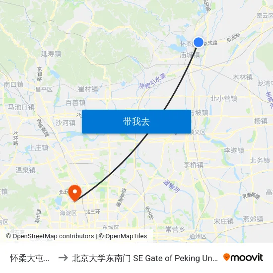 怀柔大屯村东 to 北京大学东南门 SE Gate of Peking University map