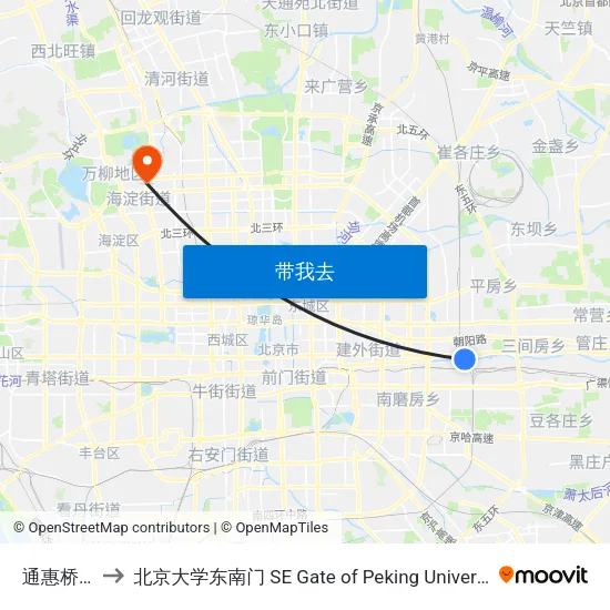 通惠桥东 to 北京大学东南门 SE Gate of Peking University map