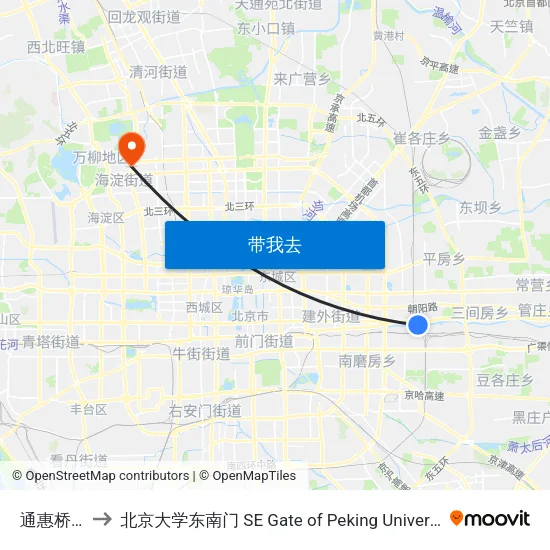 通惠桥东 to 北京大学东南门 SE Gate of Peking University map