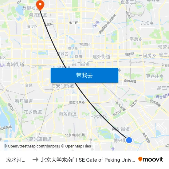 凉水河一街 to 北京大学东南门 SE Gate of Peking University map