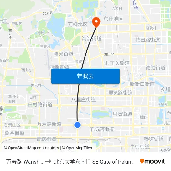 万寿路 Wanshou Lu to 北京大学东南门 SE Gate of Peking University map