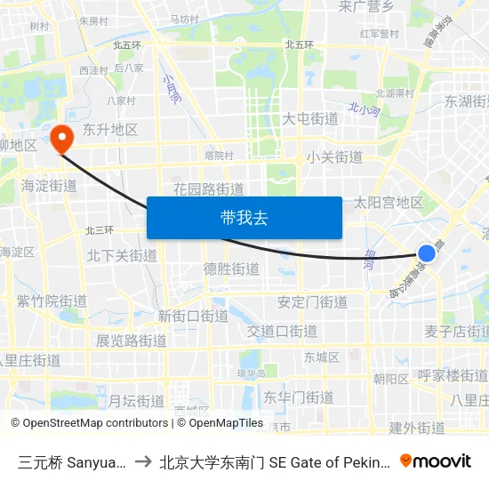 三元桥 Sanyuan Qiao to 北京大学东南门 SE Gate of Peking University map