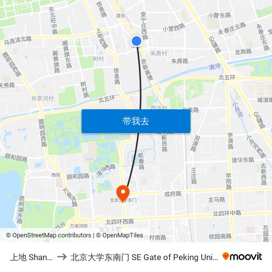 上地 Shangdi to 北京大学东南门 SE Gate of Peking University map