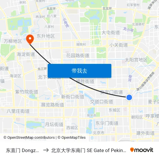 东直门 Dongzhi Men to 北京大学东南门 SE Gate of Peking University map