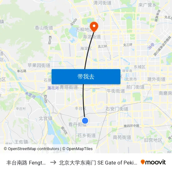 丰台南路 Fengtai Nanlu to 北京大学东南门 SE Gate of Peking University map