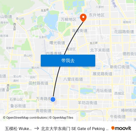 五棵松 Wukesong to 北京大学东南门 SE Gate of Peking University map