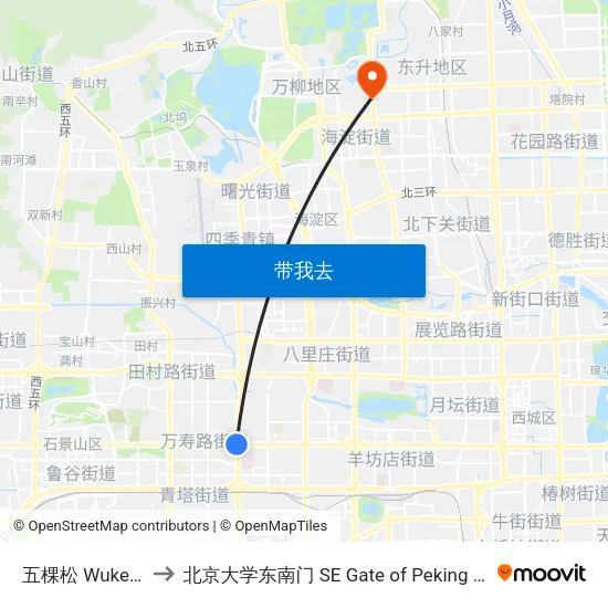 五棵松 Wukesong to 北京大学东南门 SE Gate of Peking University map