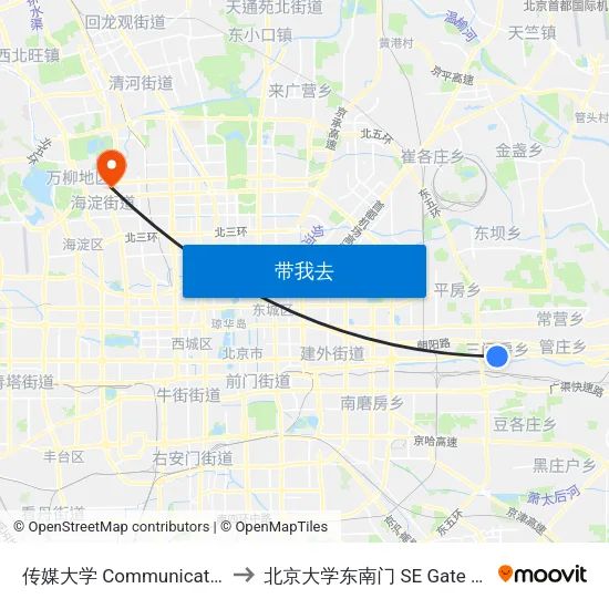 传媒大学 Communication Univ. Of China to 北京大学东南门 SE Gate of Peking University map