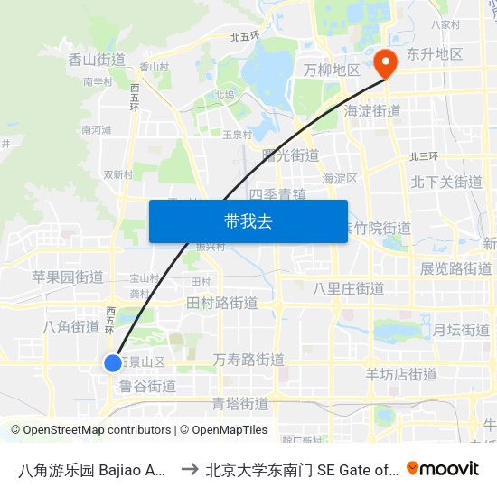 八角游乐园 Bajiao Amusement Park to 北京大学东南门 SE Gate of Peking University map