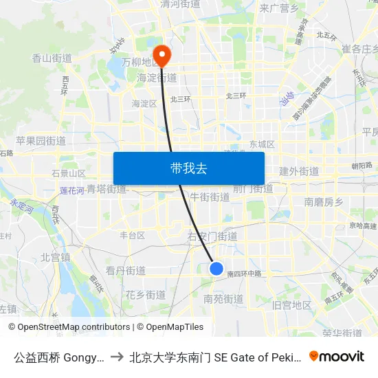 公益西桥 Gongyi Xiqiao to 北京大学东南门 SE Gate of Peking University map