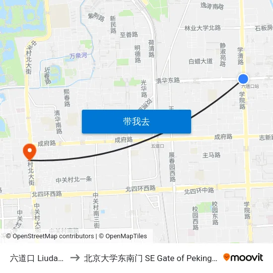 六道口 Liudao Kou to 北京大学东南门 SE Gate of Peking University map