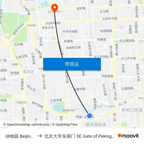 动物园 Beijing Zoo to 北京大学东南门 SE Gate of Peking University map
