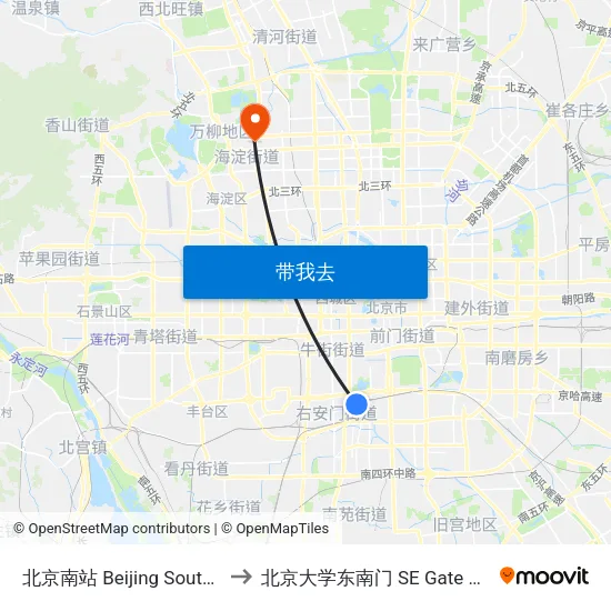 北京南站 Beijing South Railway Station to 北京大学东南门 SE Gate of Peking University map
