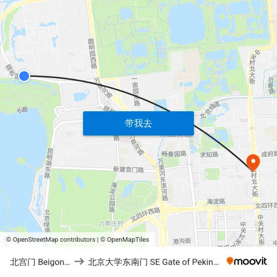 北宫门 Beigongmen to 北京大学东南门 SE Gate of Peking University map
