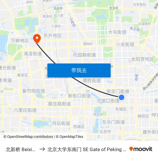 北新桥 Beixinqiao to 北京大学东南门 SE Gate of Peking University map