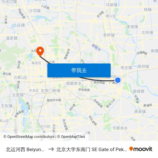 北运河西 Beiyunhe XI (W) to 北京大学东南门 SE Gate of Peking University map
