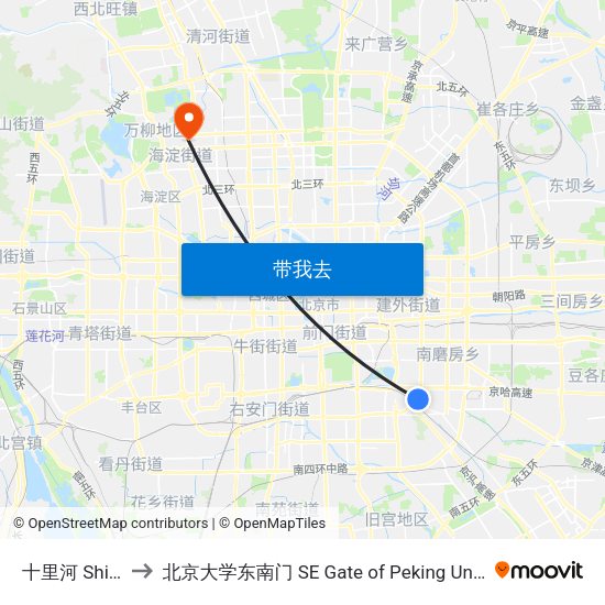十里河 Shilihe to 北京大学东南门 SE Gate of Peking University map