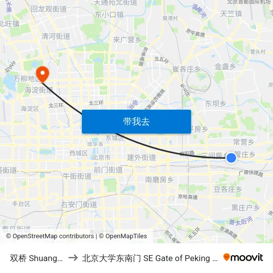 双桥 Shuang Qiao to 北京大学东南门 SE Gate of Peking University map