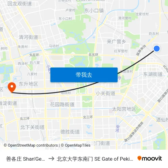 善各庄 Shan'Gezhuang to 北京大学东南门 SE Gate of Peking University map