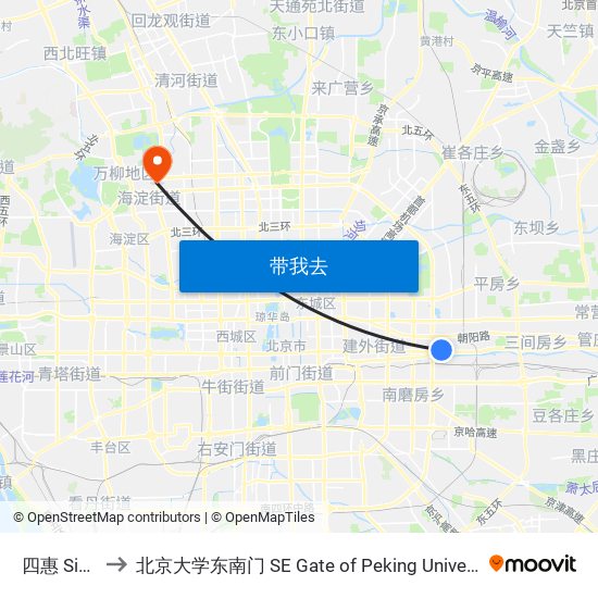 四惠 Sihui to 北京大学东南门 SE Gate of Peking University map