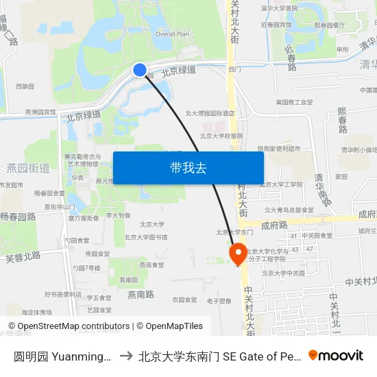 圆明园 Yuanmingyuan Park to 北京大学东南门 SE Gate of Peking University map