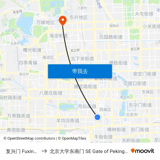 复兴门 Fuxing Men to 北京大学东南门 SE Gate of Peking University map