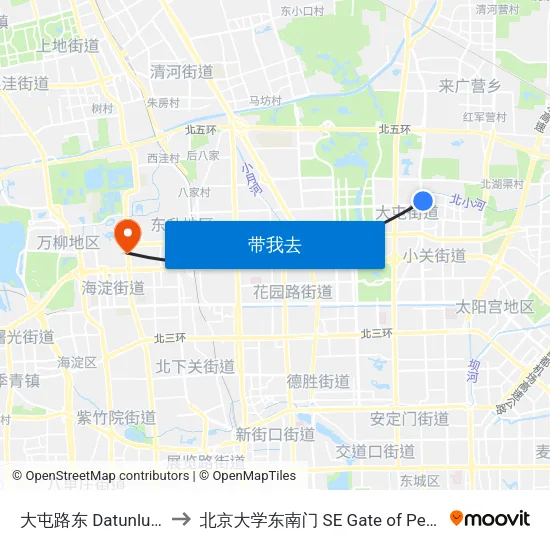 大屯路东 Datunlu Dong (E) to 北京大学东南门 SE Gate of Peking University map