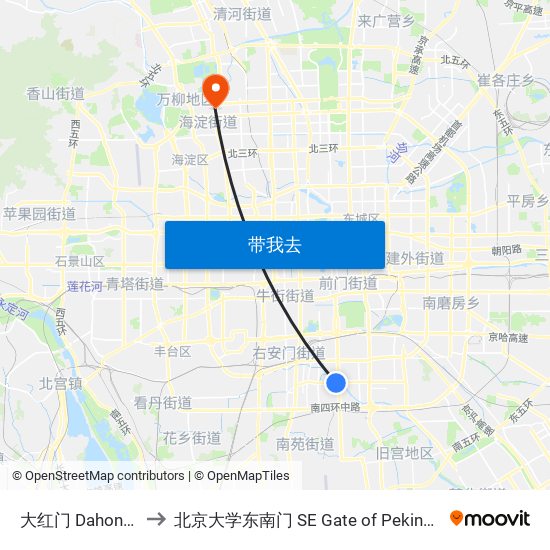 大红门 Dahong Men to 北京大学东南门 SE Gate of Peking University map
