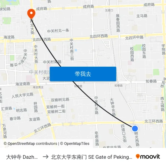 大钟寺 Dazhong Si to 北京大学东南门 SE Gate of Peking University map