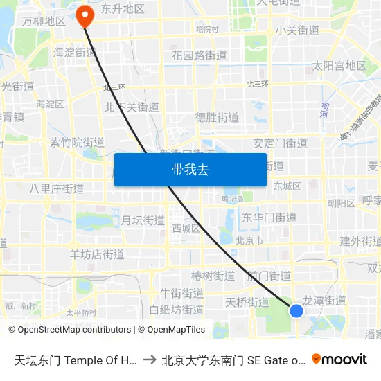 天坛东门 Temple Of Heaven East Gate to 北京大学东南门 SE Gate of Peking University map