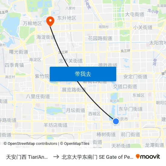 天安门西 Tian'Anmen XI (W) to 北京大学东南门 SE Gate of Peking University map