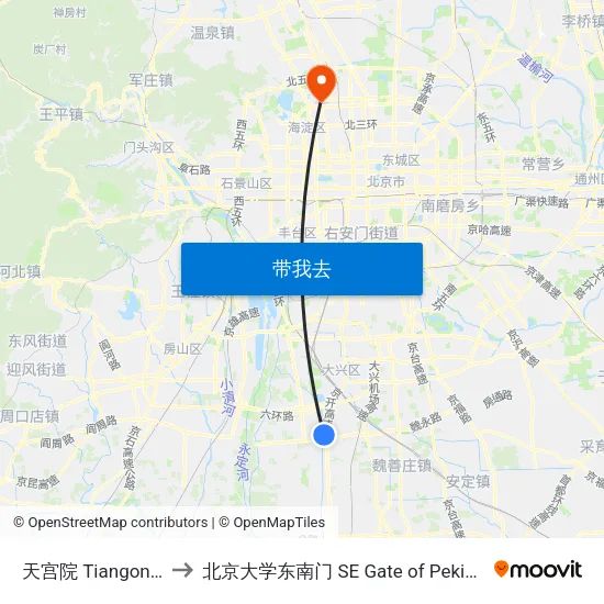 天宫院 Tiangong Yuan to 北京大学东南门 SE Gate of Peking University map
