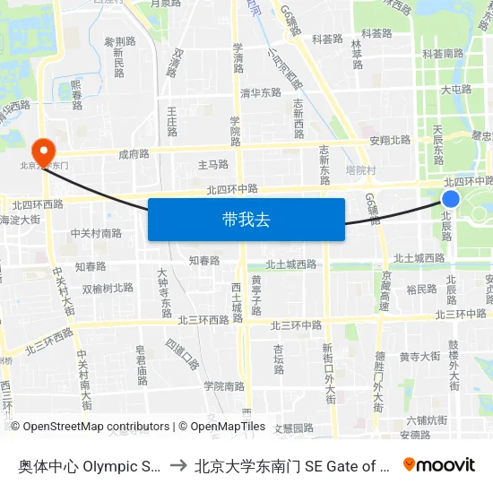 奥体中心 Olympic Sports Center to 北京大学东南门 SE Gate of Peking University map