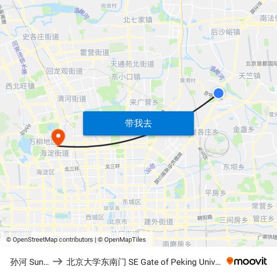 孙河 Sunhe to 北京大学东南门 SE Gate of Peking University map