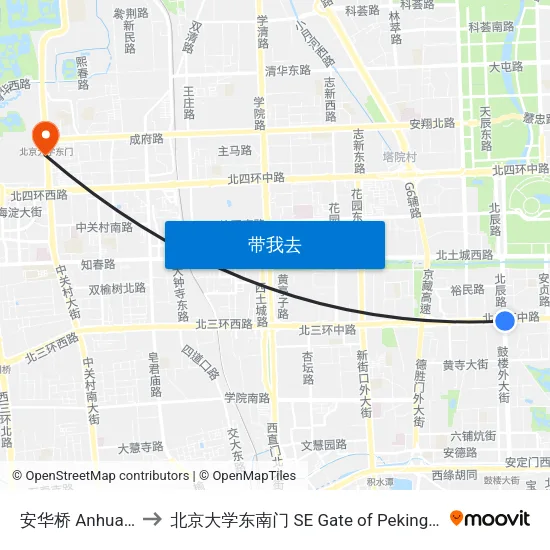 安华桥 Anhua Qiao to 北京大学东南门 SE Gate of Peking University map